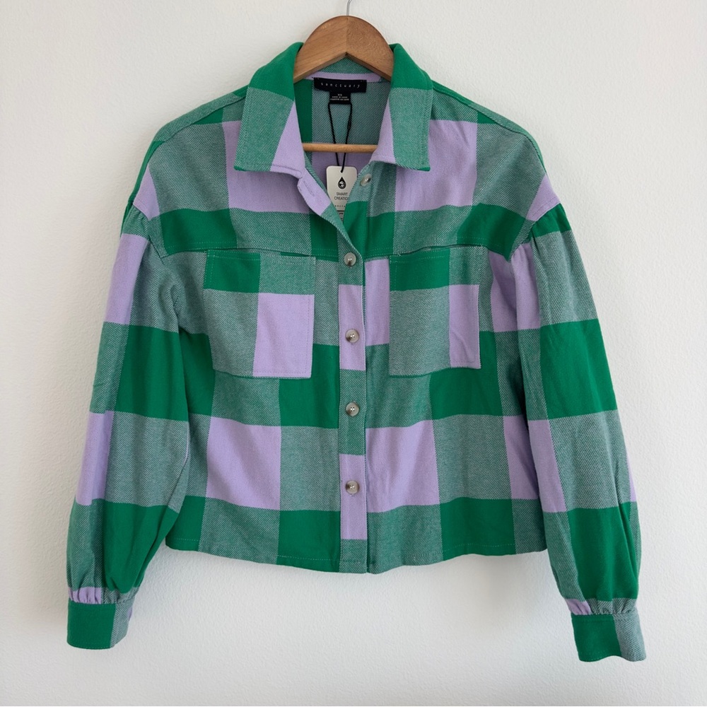 Sanctuary Pocket Green and Purple Checkered Top